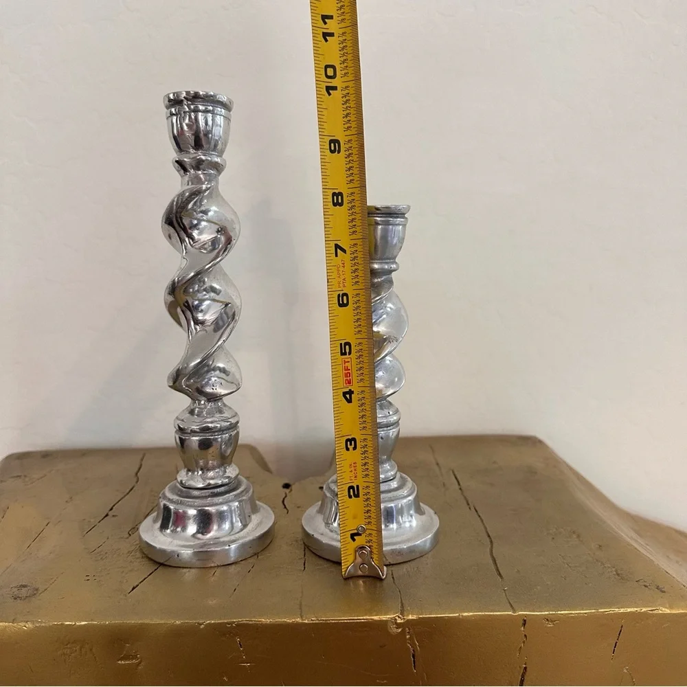 Set of 2 Vintage metal Silvertone Spiral Candlesticks